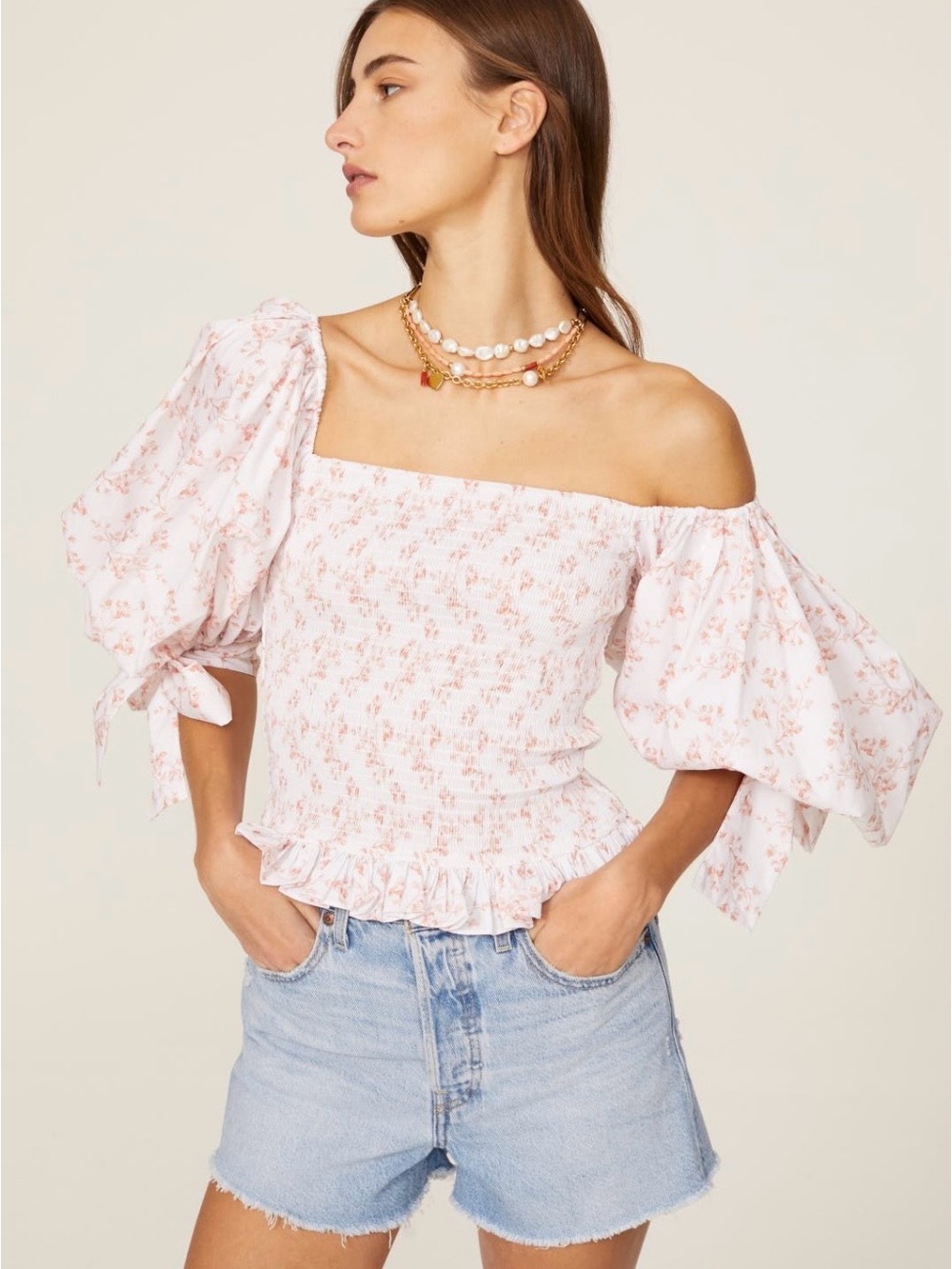 Caroline Constas~Nora Top~Pink Floral Smocked Off-Shoulder Blouse~Size S~$395~